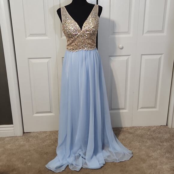 Morgan & Company Women's Blue & Tan Beaded Evening Gown Dress Size 3/4 Prom - Picture 1 of 12